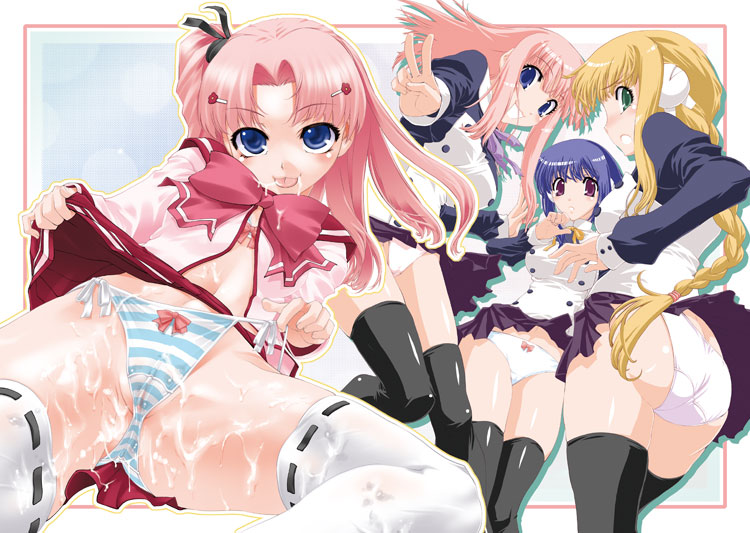 shinama, ilfa (to heart), maaryan (to heart), milfa (to heart), silfa (to heart), to heart (series), to heart 2, to heart 2 ad, 00s, 4girls, :p, ass, blonde hair, blue eyes, blue hair, braid, bukkake, clothes lift, cum, green eyes, lace, long hair, multiple girls, panties, pink hair, purple eyes, ribbon-trimmed legwear, ribbon trim, robot ears, school uniform, serafuku, skirt, skirt lift, striped clothes, striped panties, thighhighs, tongue, tongue out, underwear, v, white panties, wind, wind lift