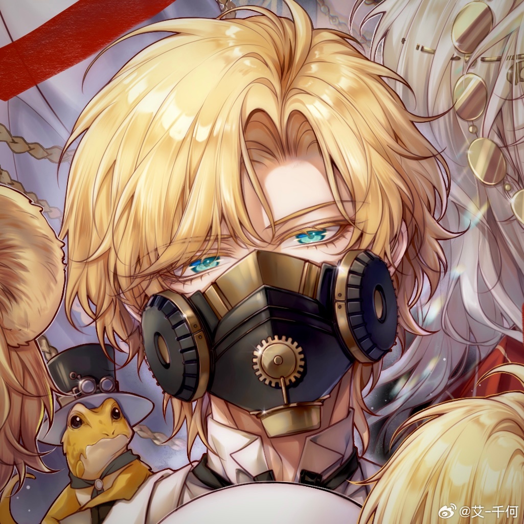 lars rorschach, lovebrush chronicles, chinese commentary, 1boy, ai-qian he, animal, animal on shoulder, aqua eyes, black bow, black bowtie, blonde hair, bow, bowtie, clothed animal, colored eyelashes, covered mouth, curtained hair, gears, hair between eyes, hat, jacket, lizard, looking at viewer, male focus, mask, portrait, respirator, shirt, short hair, solo, tuxedo shirt, unworn hat, unworn headwear, watermark, weibo watermark, white hat, white jacket, white shirt