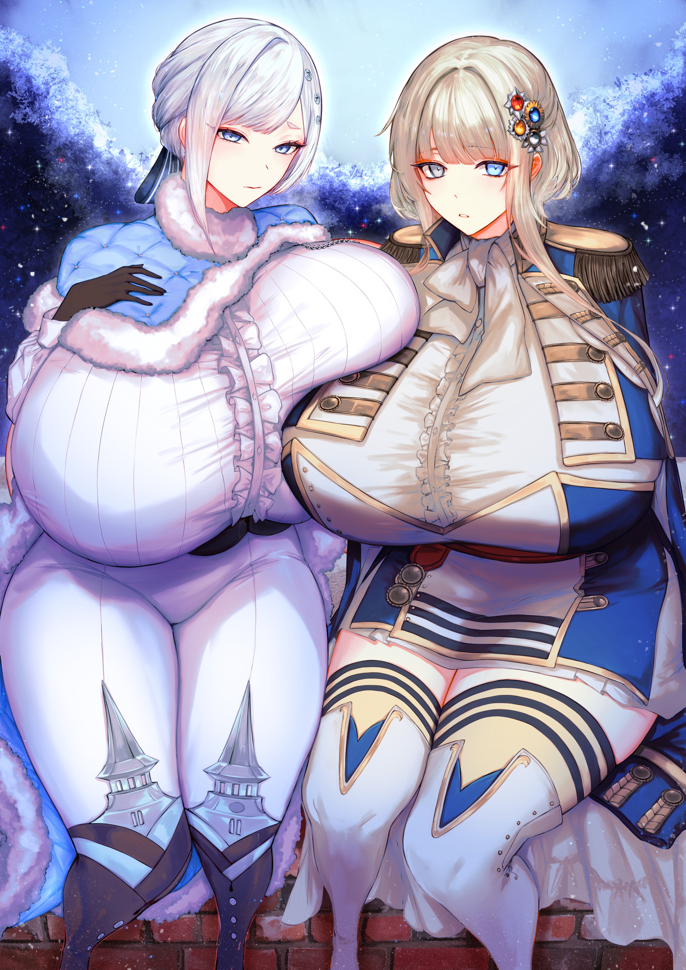 milk4290, akershus fortress (oshiro project), oshiro project:re, absurdres, commentary request, commission, highres, second-party source, skeb commission, 2girls, black boots, black gloves, blue cape, blue dress, blue eyes, blush, bodysuit, boots, braid, breasts, brown eyes, brown hair, cape, center frills, closed mouth, dress, epaulettes, frilled shirt, frills, fur-trimmed cape, fur trim, gigantic breasts, gloves, grey hair, hair ornament, heterochromia, hms victory (oshiro project), long sleeves, looking at viewer, multiple girls, parted lips, shirt, sitting, thigh boots, thighs, tight clothes, white bodysuit, white shirt