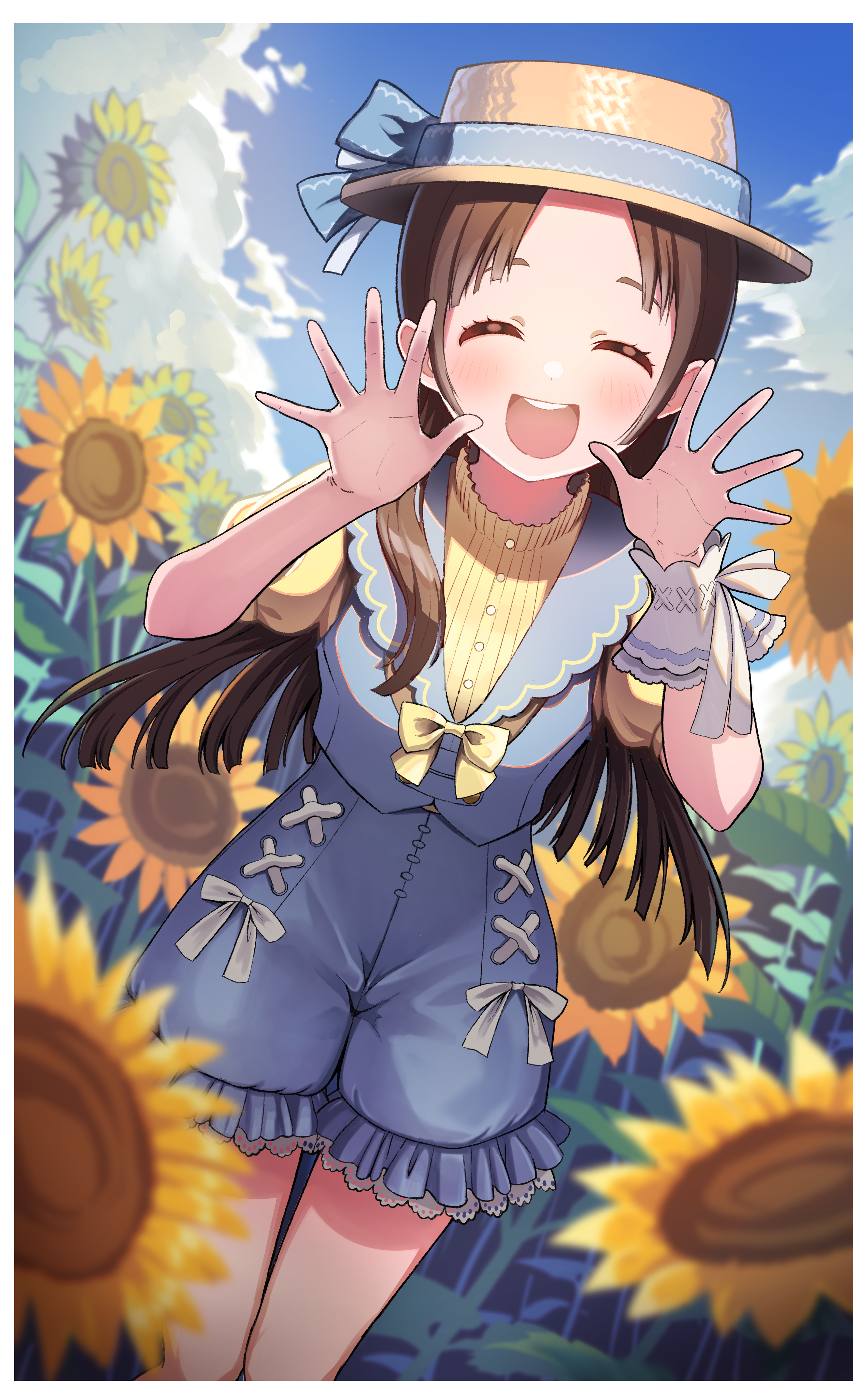 kuramoto china, gakuen idolmaster, idolmaster, absurdres, highres, 1girl, ^ ^, bare legs, black hair, blue shorts, blue vest, blunt ends, blurry, blurry foreground, blush, border, closed eyes, depth of field, dutch angle, facing viewer, feet out of frame, field, flower, flower field, hat, hibi hakkenteki step! (idolmaster), kuma (gaph5274), long hair, official alternate costume, outdoors, puffy short sleeves, puffy sleeves, shirt, short sleeves, shorts, smile, solo, straight hair, straw hat, sunflower, sunflower field, upper body, very long hair, vest, white border, yellow shirt