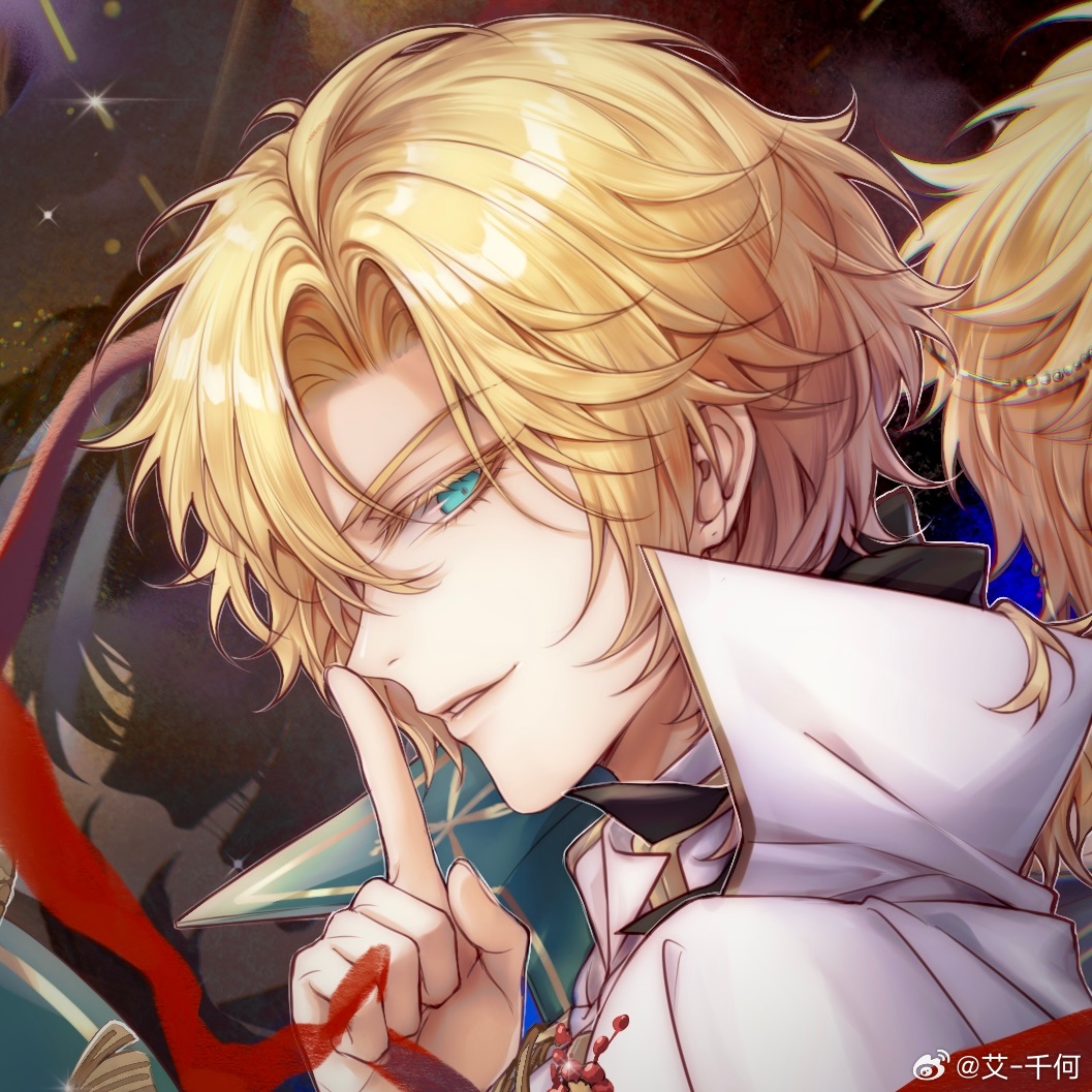 lars rorschach, lars rorschach (infinite empire), lovebrush chronicles, chinese commentary, 1boy, ai-qian he, aqua eyes, black ribbon, blonde hair, cape, collared shirt, colored eyelashes, curtained hair, different shadow, finger to mouth, green cape, hair between eyes, hair ribbon, holding, holding ribbon, index finger raised, jacket, lips, looking at viewer, male focus, medium hair, parted lips, portrait, profile, red ribbon, ribbon, shirt, shushing, sideways glance, smile, solo, tassel, two-sided cape, two-sided fabric, watermark, weibo watermark, white cape, white jacket