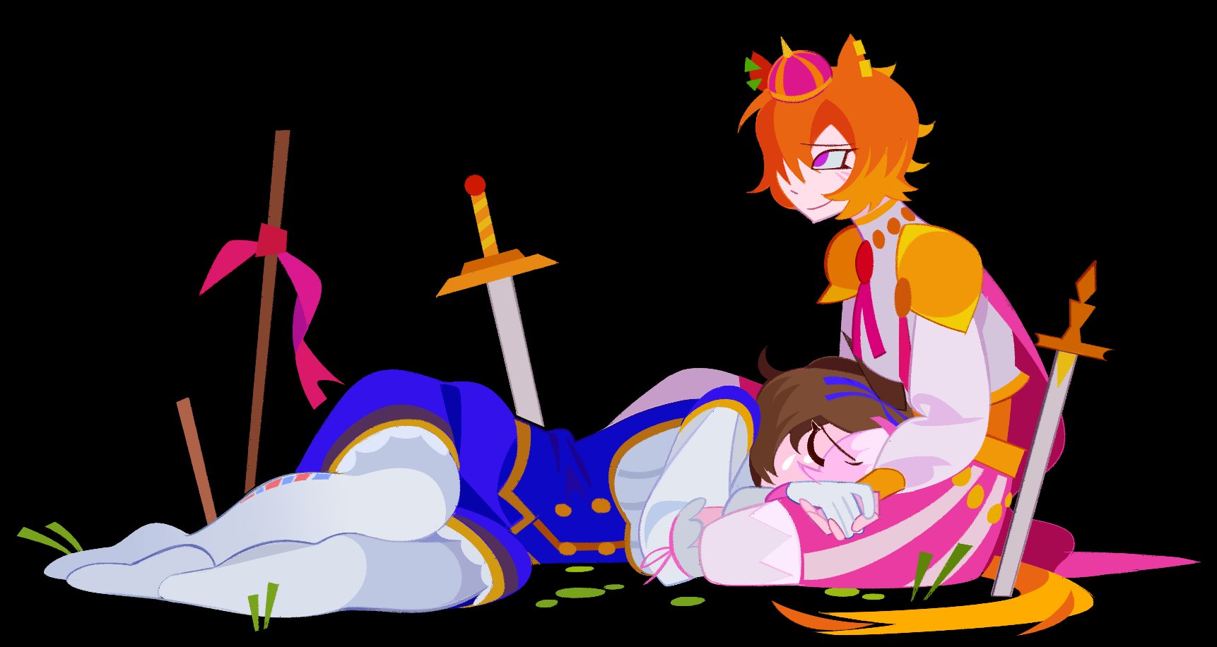 20years, meisho doto (umamusume), t.m. opera o (o sole suo!) (umamusume), t.m. opera o (umamusume), cygames, umamusume, highres, animal ears, black background, crown, ear ornament, ears down, grass, horse girl, lap pillow, looking afar, lying on person, meisho doto (blue/raging) (umamusume), mini crown, orange tail, sword, tears, weapon
