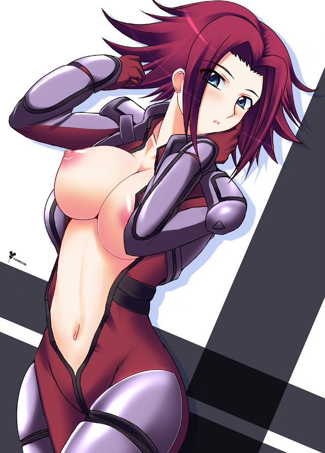 kuronezumi, kouzuki kallen, code geass, 00s, 1girl, :o, adjusting hair, blue eyes, blush, bodysuit, breasts, cleavage, dutch angle, embarrassed, female focus, gloves, hip focus, large breasts, navel, nipples, no bra, open bodysuit, open clothes, open mouth, puffy nipples, red hair, shadow, short hair, solo, spiked hair, standing, undressing, wide hips