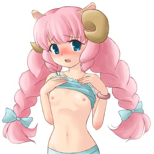 sheep (trickster), trickster (ntreev soft), trickster online, lowres, non-web source, 10s, animal ears, blush, bra, bra lift, bracelet, braid, flat chest, horns, jewelry, lingerie, nipples, pink hair, sheep ears, twin braids, underwear
