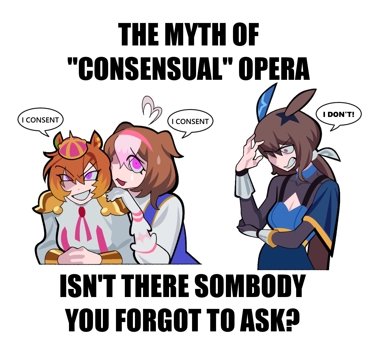20years, admire vega (umamusume), meisho doto (umamusume), t.m. opera o (o sole suo!) (umamusume), t.m. opera o (umamusume), umamusume, highres, admire vega (starry nocturne) (umamusume), ahoge, animal ears, crown, english text, hand on another's arm, hands on another's shoulders, horse ears, horse girl, horse tail, looking at viewer, meisho doto (blue/raging) (umamusume), meme, open mouth, orange hair, short hair, smile, tail, teardrop, the myth of consensual sex (meme)
