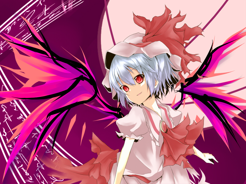 sasaki kouhei, remilia scarlet, touhou, bad id, bad pixiv id, 1girl, blue hair, female focus, gradient background, hat, outdoors, ribbon, short hair, sky, solo, wings