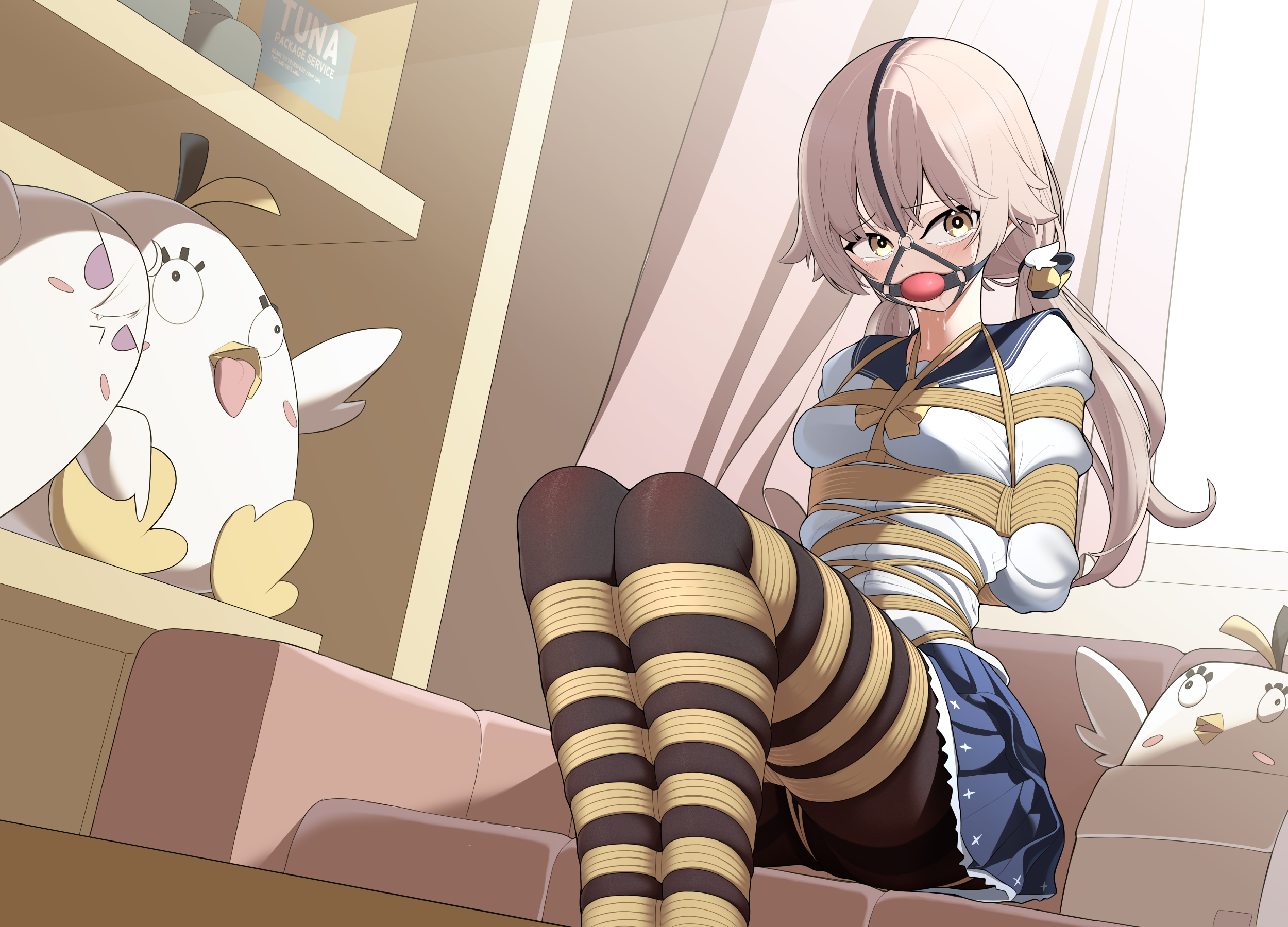tunaabyssal, hifumi (blue archive), blue archive, boxtie, highres, arms behind back, ball gag, bdsm, black pantyhose, blonde hair, bondage, bound, bow, bowtie, breasts, collared shirt, couch, crying, crying with eyes open, drooling, frilled skirt, frills, gag, gag harness, gagged, indoors, long hair, looking at viewer, low twintails, on couch, pantyhose, pleated skirt, sailor collar, shibari, shibari over clothes, shirt, skindentation, skirt, small breasts, tears, thighs, twintails, very long hair, white shirt, yellow bow, yellow bowtie, yellow eyes