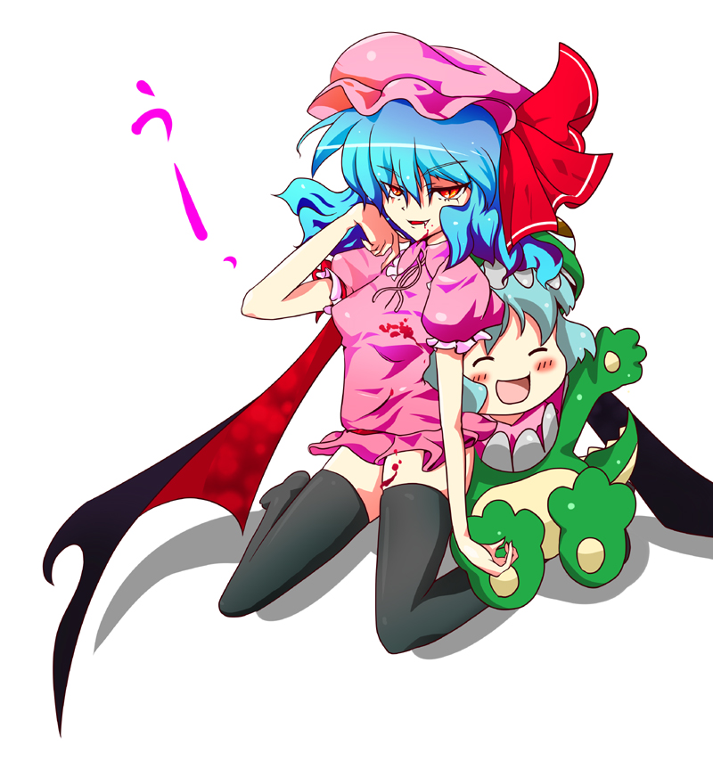 futoshi, futoshi (fishhouse), futoshi (pixiv), remilia scarlet, touhou, 1girl, blood, blue hair, female focus, hat, ribbon, short hair, simple background, solo, wings, yukkuri shiteitte ne