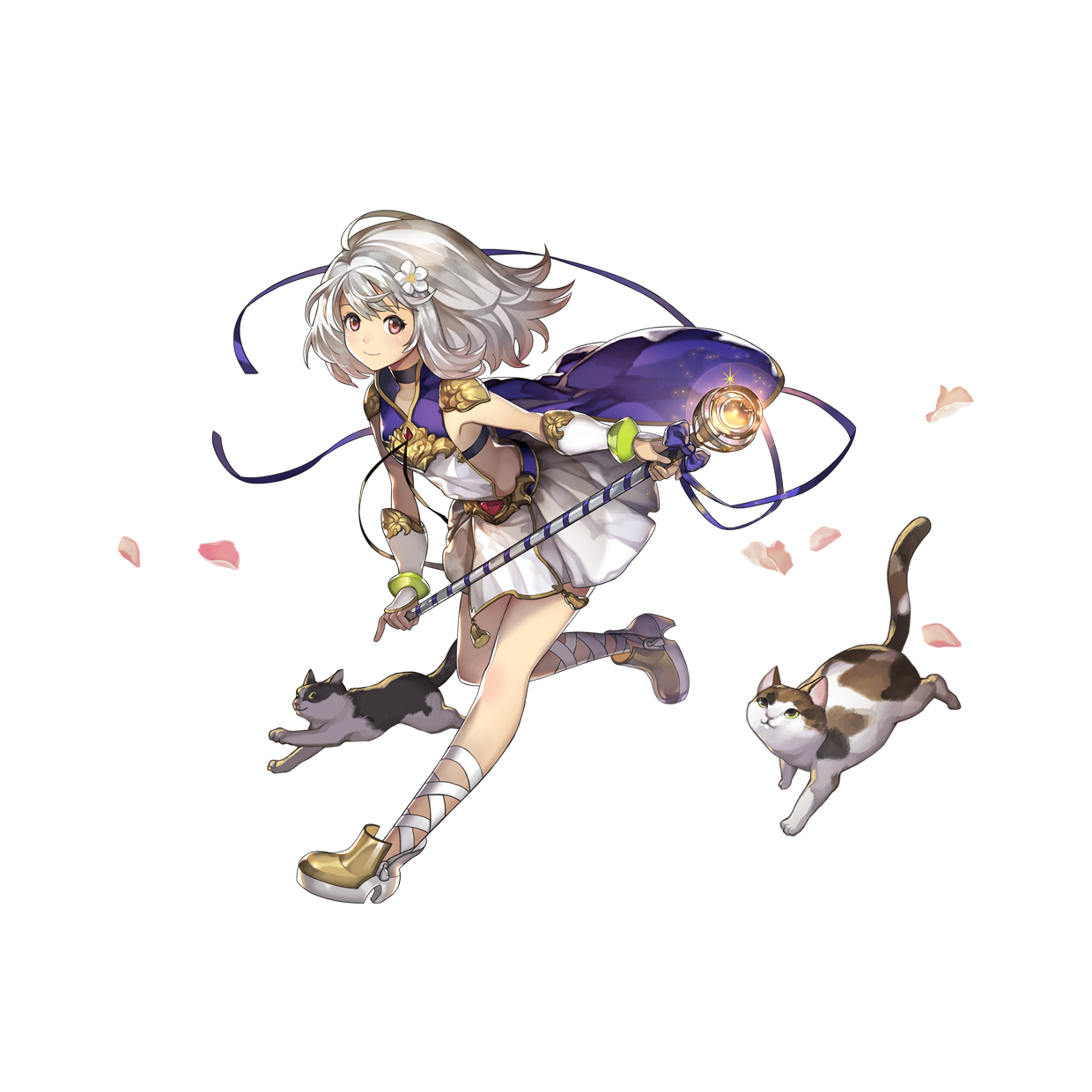 feinne (another eden), another eden, highres, official art, 1girl, animal, armor, armpits, belt, black belt, breasts, cat, cloak, closed mouth, dress, flower, full body, hair between eyes, hair flower, hair ornament, holding, holding staff, holding weapon, leg ribbon, looking at viewer, medium hair, petals, purple cloak, red eyes, ribbon, running, shoes, shoulder armor, sidelocks, simple background, smile, solo, staff, strapless, tachi-e, transparent background, tube top, weapon, white dress, white flower, white hair, white ribbon