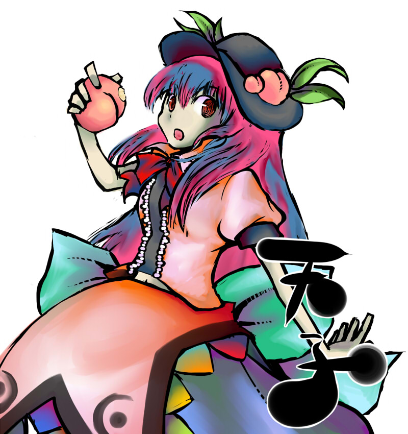 dog-san, nijisuke, hinanawi tenshi, touhou, bad id, bad pixiv id, 1girl, blue hair, female focus, food, fruit, hat, long hair, peach, ribbon, solo