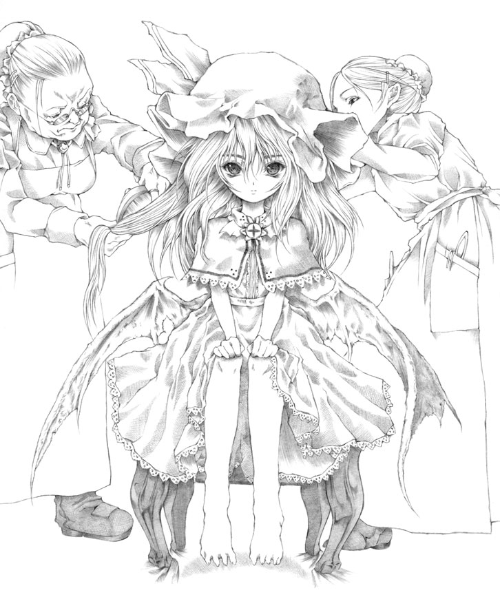 hasa nishi, hasanishi, remilia scarlet, touhou, bad id, bad pixiv id, traditional media, 3girls, barefoot, brushing hair, chair, female focus, greyscale, hat, long hair, maid, monochrome, multiple girls, ribbon, sitting, wings