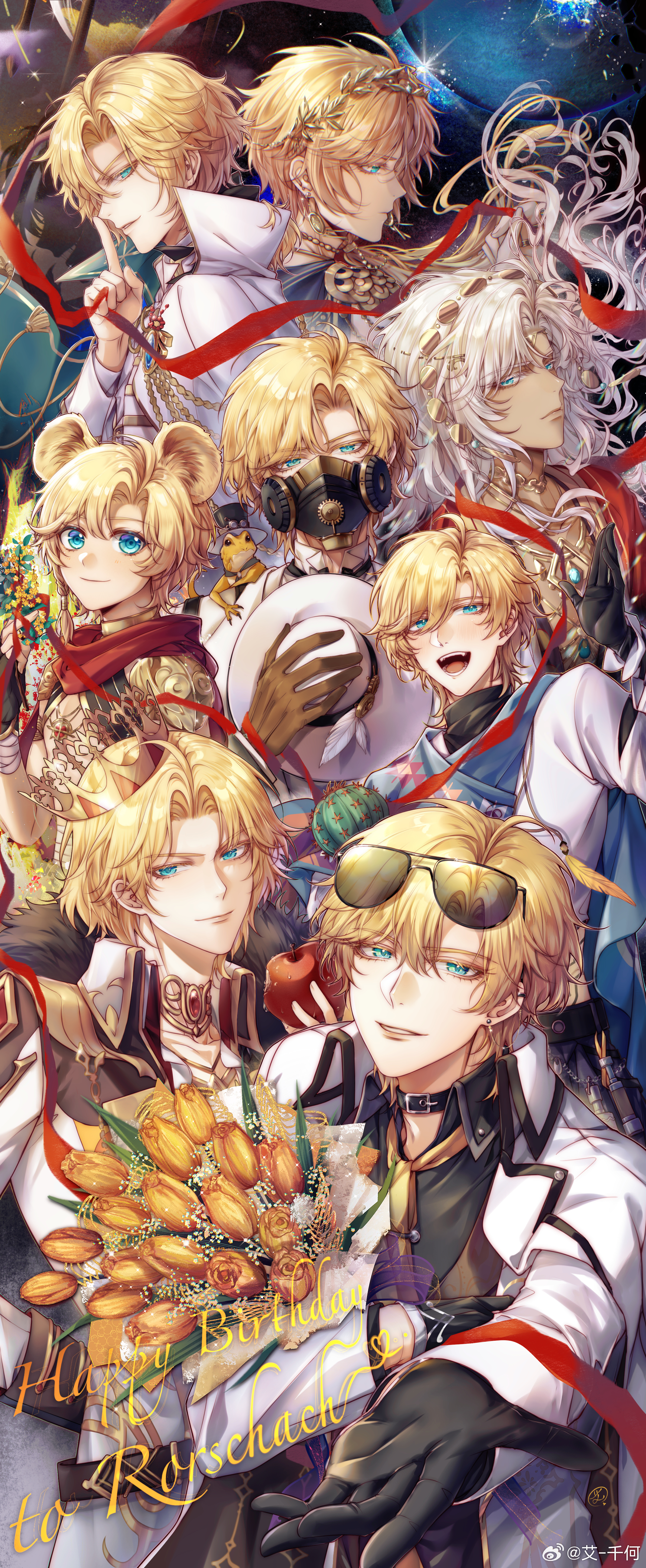 lars rorschach, lars rorschach (eden), lars rorschach (godheim), lars rorschach (infinite empire), nil lars, sol lars, lovebrush chronicles, absurdres, chinese commentary, highres, >:), 6+boys, :d, ai-qian he, aiguillette, animal, animal ears, animal on shoulder, apple, aqua eyes, arm behind back, baby's-breath, back-to-back, bandaged wrist, bandages, belt, belt collar, black belt, black bow, black bowtie, black collar, black gloves, black ribbon, black shirt, blonde hair, blue cape, blue gemstone, blue scarf, blush, bouquet, bow, bowtie, branch, brown gloves, brown vest, cactus, cape, character name, circlet, closed mouth, clothed animal, collar, collarbone, collared jacket, collared shirt, colored eyelashes, covered mouth, crop top, crown, curtained hair, dark-skinned male, dark skin, different shadow, ear chain, ear piercing, earrings, eyewear on head, fangs, feather necklace, finger to mouth, fingerless gloves, floating hair, flower, food, food bite, frown, fruit, gears, gem, glint, gloves, gold choker, gold earrings, gold hairband, gold necklace, gold osmanthus, green cape, hair between eyes, hair over shoulder, hair ribbon, hair tubes, hairband, happy birthday, hat, hat feather, head chain, holding, holding bouquet, holding flower, holding ribbon, holding unworn clothes, holding unworn hat, hourglass, index finger raised, jacket, jewelry, laurel crown, linked piercing, lion boy, lion ears, lips, lizard, long hair, long sleeves, looking ahead, looking at viewer, low-tied sidelocks, low ponytail, male focus, mask, medium hair, multiple boys, multiple persona, necklace, necktie, offering hand, open clothes, open jacket, open mouth, orange flower, parted bangs, parted lips, pendant, piercing, planet, pointed crown, ponytail, portrait, profile, red gemstone, red ribbon, red robe, red scarf, respirator, ribbon, robe, scarf, shirt, short hair, shoulder guard, shushing, sidelocks, sideways glance, single hair tube, single sidelock, sleeve cuffs, smile, spyglass, stud earrings, sunglasses, tassel, tilted headwear, tulip, turtleneck, turtleneck shirt, tuxedo shirt, two-sided cape, two-sided fabric, undershirt, unworn hat, unworn headwear, upper body, v-shaped eyebrows, vest, watermark, waving, weibo watermark, white cape, white hair, white hat, white jacket, white shirt, yellow necktie
