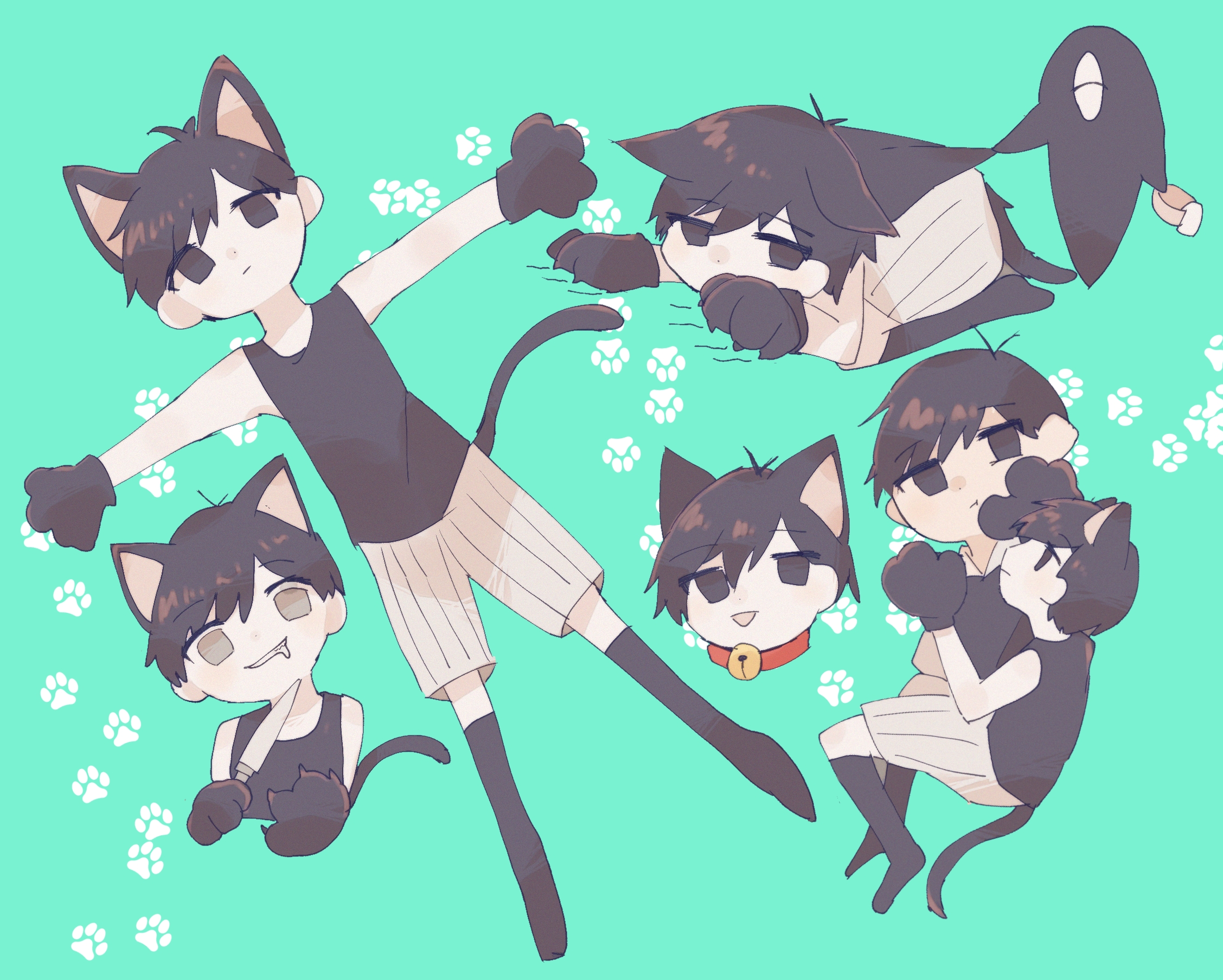 nekonabe, omori (omori), sunny (omori), omori, highres, animal ears, animal hands, black eyes, black hair, black socks, cat ears, collar, colored skin, gloves, monochrome, no pupils, paw gloves, simple background, socks, white skin