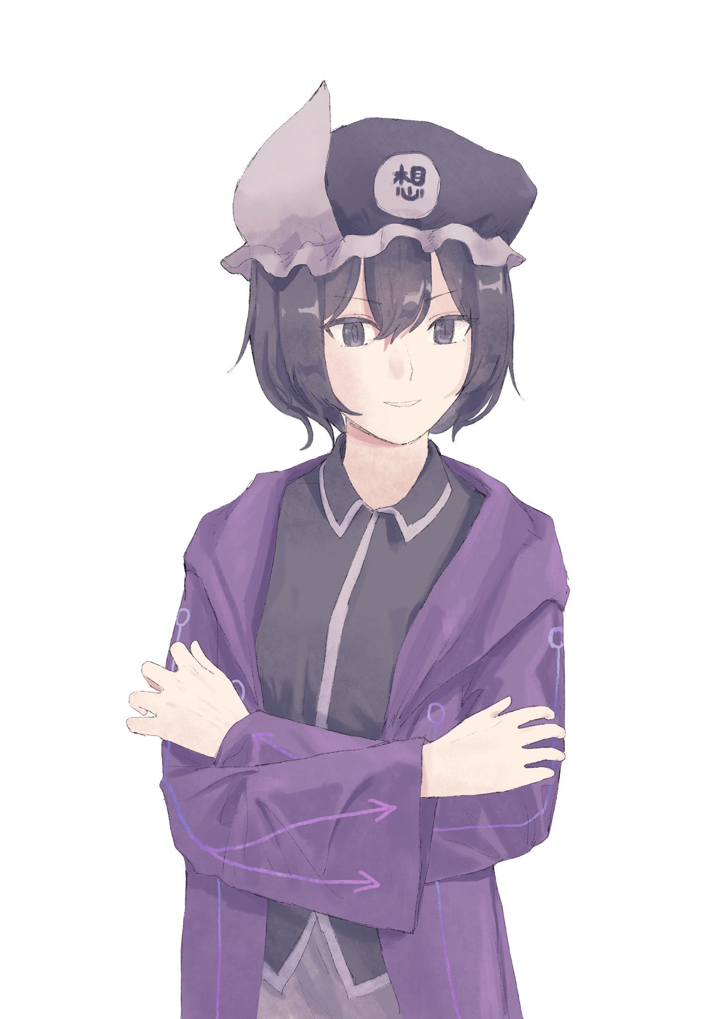 kanghan kang yanjian, shitodo kuroji, len'en, highres, 1other, androgynous, arrow print, black eyes, black hair, black shirt, collared shirt, cowboy shot, crossed arms, dot nose, frilled headwear, grey shorts, hair between eyes, hat, hood, hood down, hooded jacket, jacket, long sleeves, looking at viewer, mob cap, open clothes, open jacket, other focus, parted lips, purple hat, purple jacket, shirt, short hair, shorts, simple background, smirk, smug, solo, standing, triangular headpiece, tsurime, white background, wide sleeves, zipper