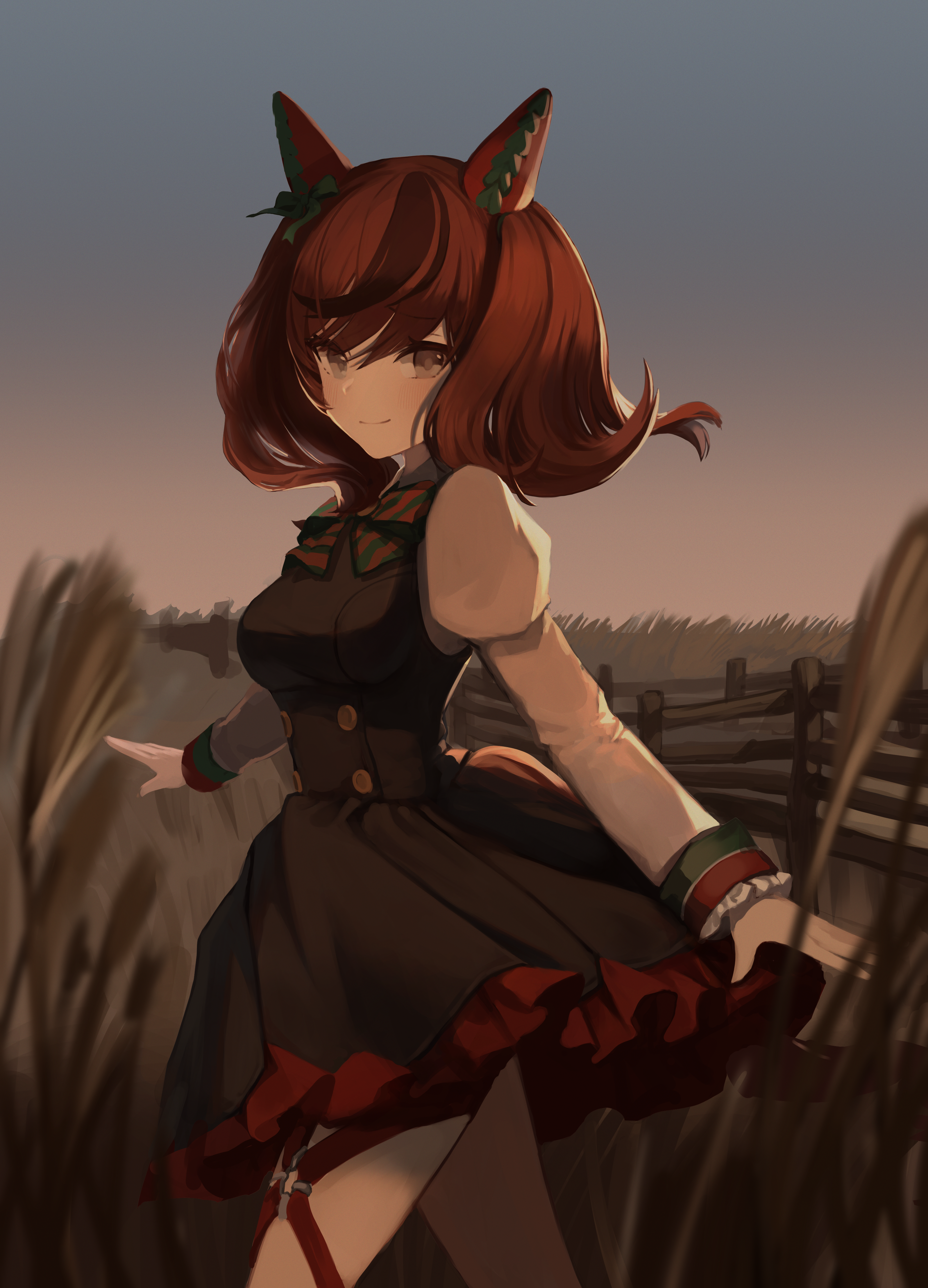 seorang, nice nature (poinsettia ribbon) (umamusume), nice nature (umamusume), umamusume, absurdres, highres, 1girl, animal ears, black dress, brown eyes, brown hair, brown streaks, closed mouth, dress, ear covers, fence, gradient sky, grey sky, horse ears, horse girl, horse tail, juliet sleeves, long sleeves, looking at viewer, o-ring, o-ring thigh strap, puffy sleeves, sky, smile, solo, tail, thigh strap, twintails, wheat field, wooden fence