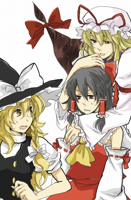 nugaa, hakurei reimu, kirisame marisa, yakumo yukari, touhou, 3girls, black hair, blonde hair, bow, braid, detached sleeves, female focus, gap (touhou), hair bow, hat, hug, japanese clothes, miko, multiple girls, simple background, skirt, white background