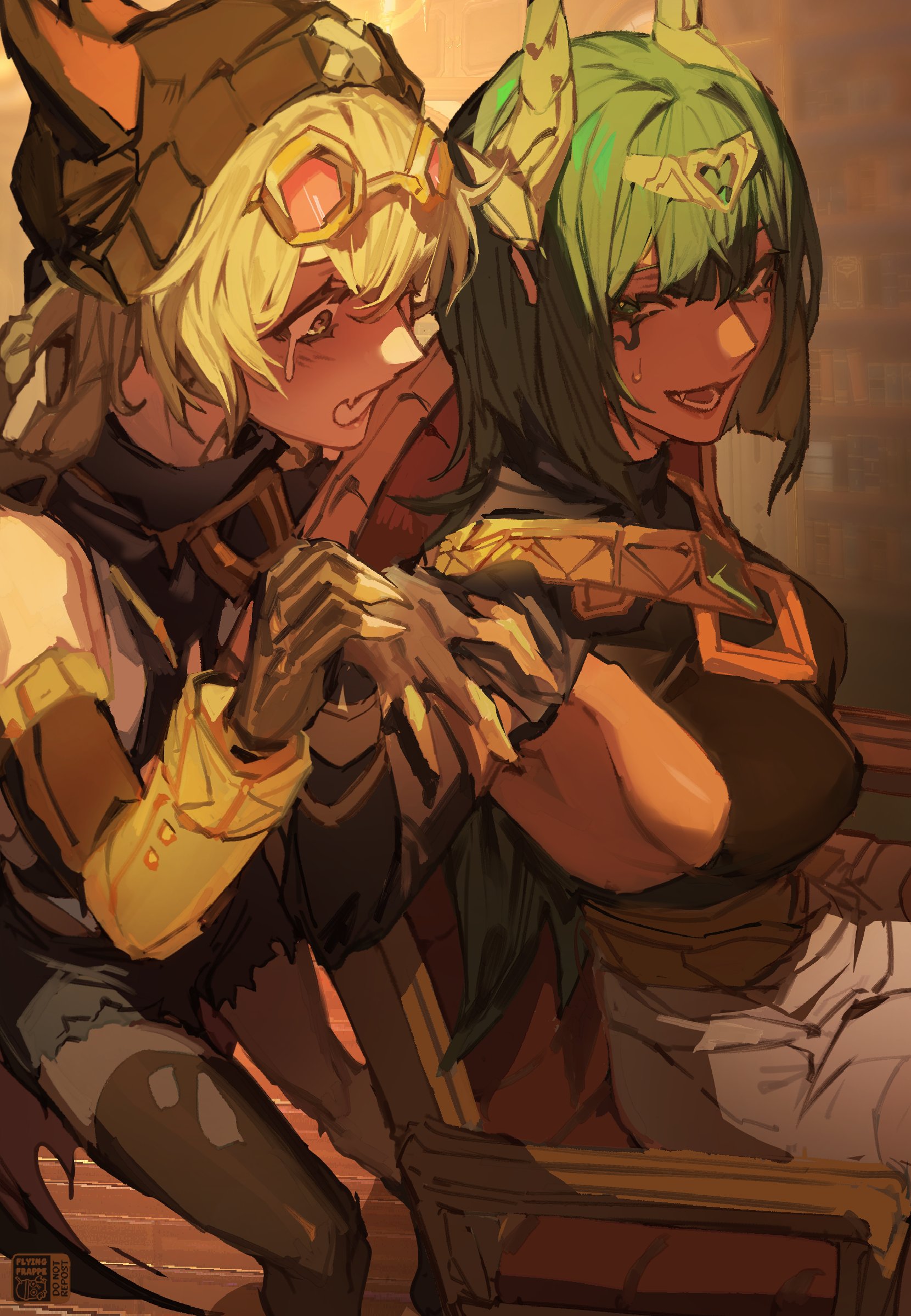 flying-frappuccino, jahoda (genshin impact), nefer (genshin impact), genshin impact, commentary, english commentary, highres, 2girls, artist logo, beanie, behind another, blonde hair, breasts, chair, claws, eyewear on head, facial mark, fake claws, fang, from side, gloves, green eyes, green hair, hair ornament, hair rings, hand on another's hand, hat, jewelry, large breasts, logo, low-cut armhole, medium hair, mole, mole under eye, multiple girls, on chair, open mouth, prosthesis, prosthetic arm, red-tinted eyewear, sideboob, sitting, skirt, smile, standing, sunglasses, tearing up, thighhighs, tinted eyewear, torn clothes, torn thighhighs, usekh collar