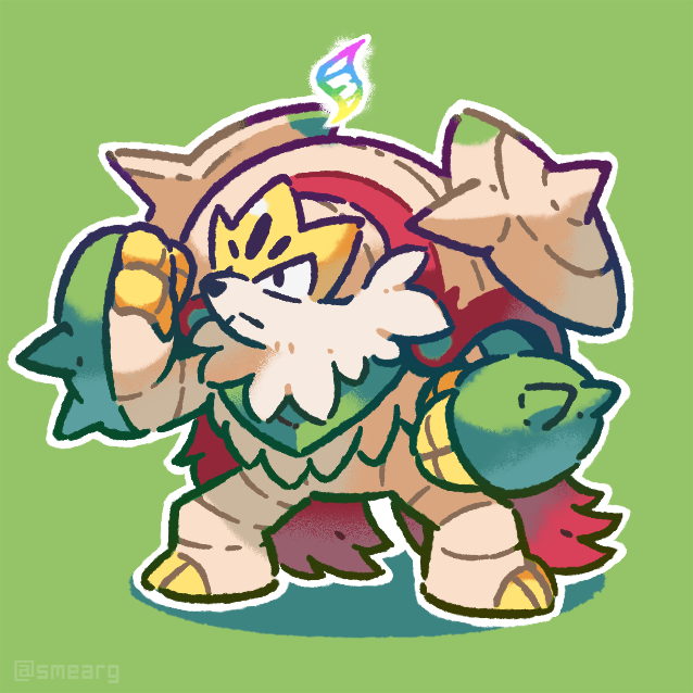 smore (smearg), chesnaught, mega chesnaught, nintendo, pokemon, commentary, english commentary, artist name, chibi, claws, clenched hands, closed mouth, gen 6 pokemon, green background, looking to the side, mega evolution symbol, no humans, pokemon (creature), spikes