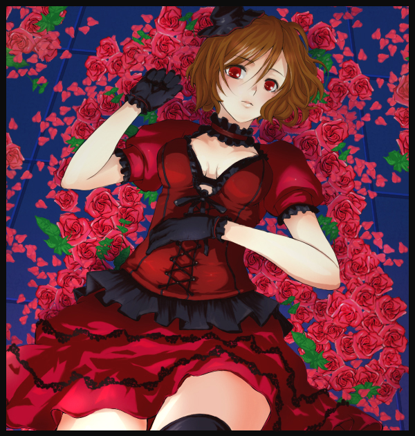 buchi (pixiv30168), meiko (vocaloid), vocaloid, bad id, bad pixiv id, 1girl, female focus, flower, gloves, goth fashion, gothic lolita, lolita fashion, rose, solo, thighhighs
