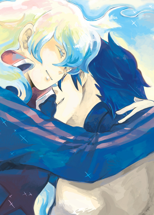 hoshitsu, tumu, nia teppelin, simon (ttgl), tengen toppa gurren lagann, bad id, bad pixiv id, 00s, 1boy, 1girl, closed eyes, couple, hetero, hug, long hair, multicolored hair
