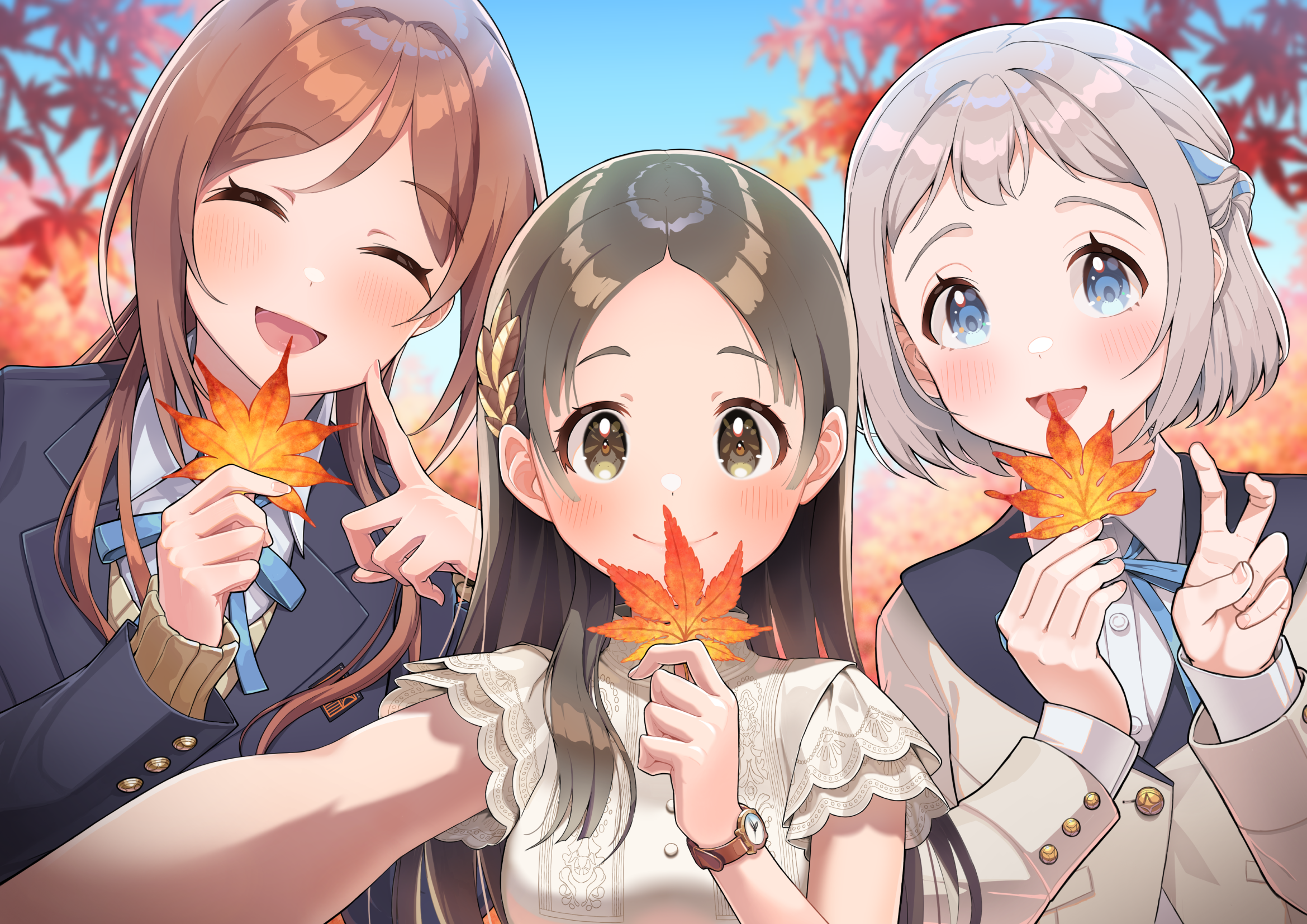 himesaki rinami, katsuragi lilja, kuramoto china, gakuen idolmaster, idolmaster, commentary request, highres, 3girls, ^ ^, bent v, black hair, blue jacket, blue ribbon, blush, braid, brown hair, closed eyes, dress shirt, finger to cheek, fingernails, grey hair, hair ribbon, half up braid, hatsuboshi gakuen school uniform, holding, holding leaf, jacket, kuma (gaph5274), layered sleeves, leaf, long sleeves, looking at viewer, maple leaf, multiple girls, neck ribbon, outdoors, parted bangs, ribbon, ribbon braid, school uniform, selfie, shirt, short hair, short sleeves, smile, straight hair, sweater, upper body, v, watch, white jacket, white shirt, wristwatch, yellow sweater