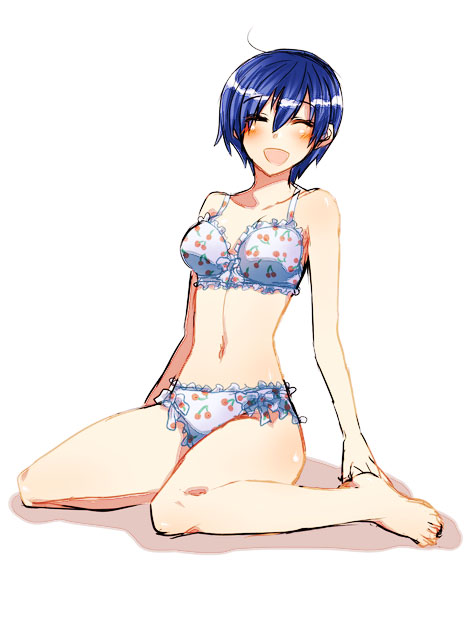 rabies, kaiko (vocaloid), kaito (vocaloid), vocaloid, gender request, 1girl, blush, bra, female focus, full body, genderswap, lingerie, panties, simple background, solo, underwear