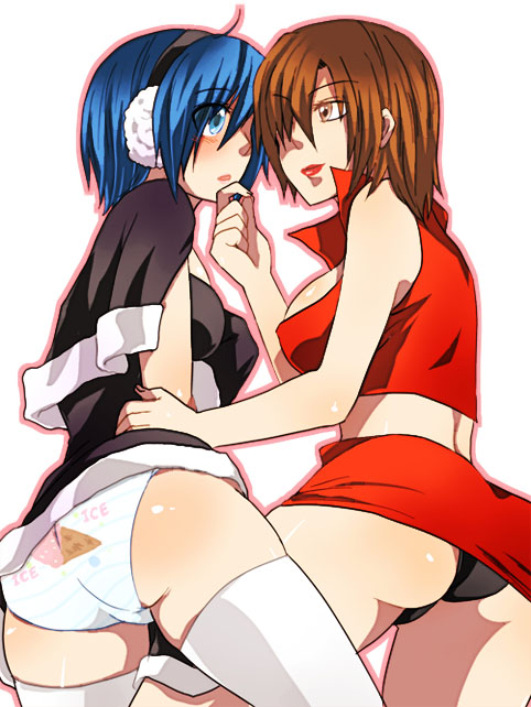 rabies, kaiko (vocaloid), kaito (vocaloid), meiko (vocaloid), vocaloid, gender request, 2girls, ass, clothes writing, genderswap, multiple girls, panties, print panties, thighhighs, underwear, yuri