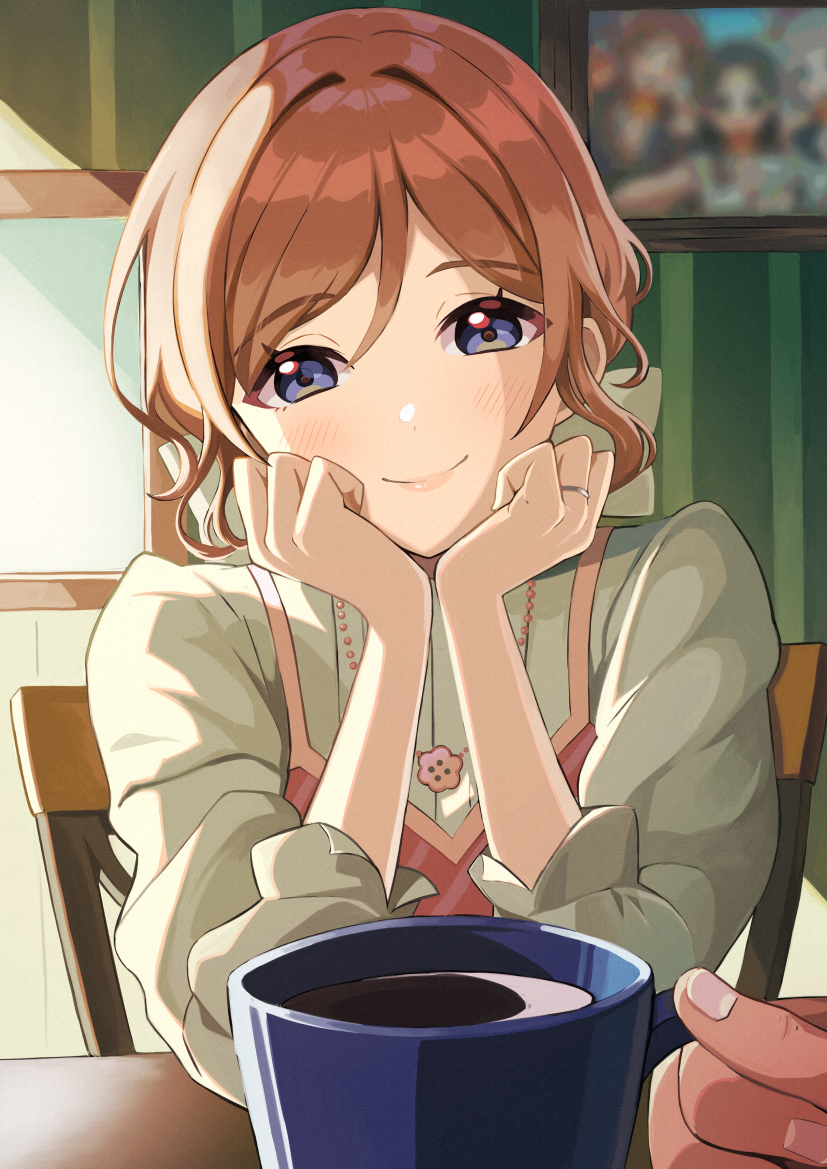 himesaki rinami, gakuen idolmaster, idolmaster, annotated, commentary request, 1boy, 1girl, blush, brown hair, chair, coffee, cup, dress, fingernails, hands on own cheeks, hands on own face, holding, holding cup, indoors, jewelry, kuma (gaph5274), looking at viewer, necklace, on chair, photo (object), picture frame, pinafore dress, pink dress, pov, pov across table, pov hands, purple eyes, ring, shirt, sitting, sleeveless, sleeveless dress, smile, wedding ring, white shirt