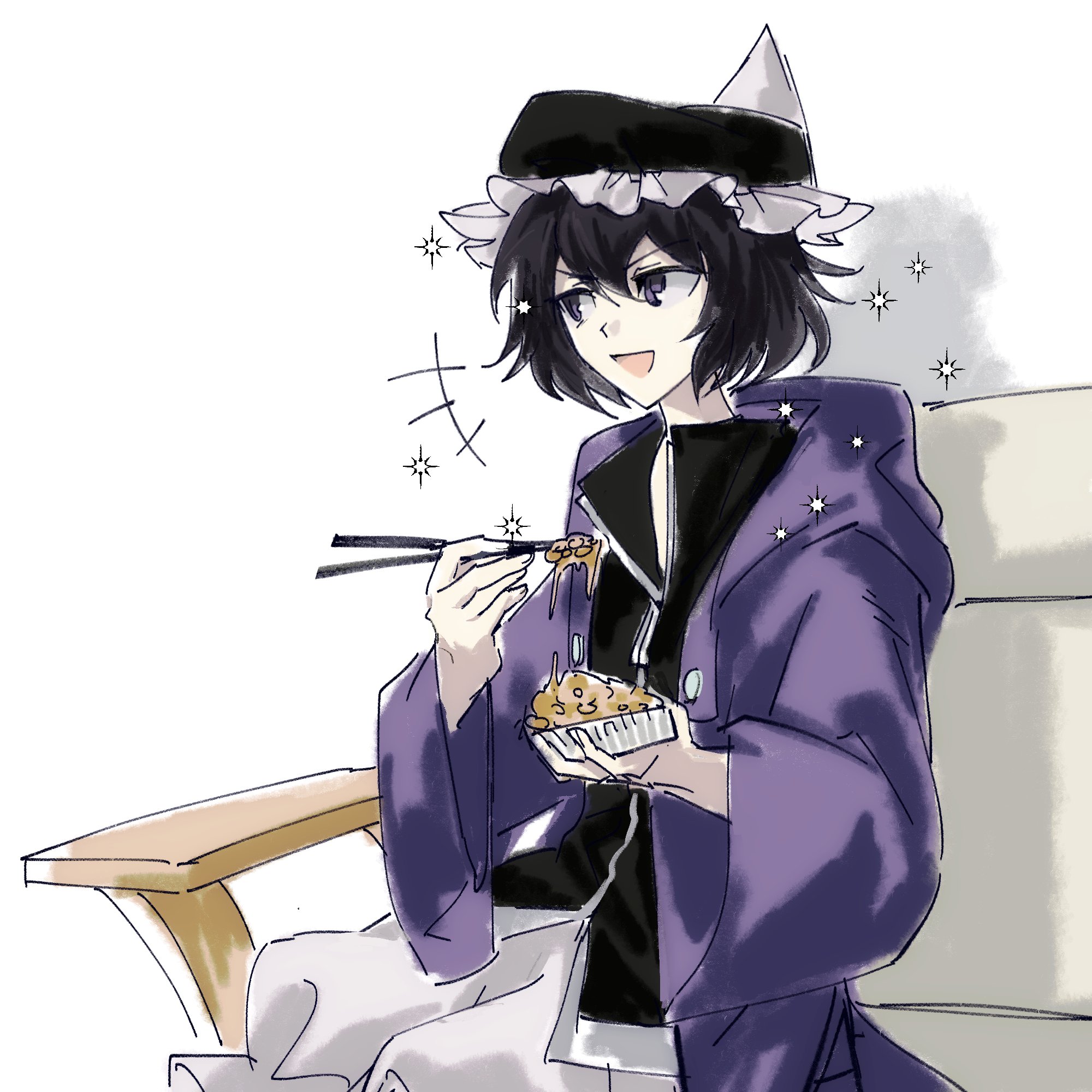 shitodo kuroji, len'en, highres, +++, 1other, androgynous, black hat, black shirt, chopsticks, coattails, collared shirt, couch, cowboy shot, eating, food, fried rice, frilled headwear, frilled shorts, frills, hair between eyes, happy, hat, high collar, holding, holding chopsticks, holding food, holding with chopsticks, hood, hood down, hooded jacket, jacket, laughing, long sleeves, looking to the side, mob cap, on couch, open clothes, open jacket, open mouth, other focus, puffy shorts, purple eyes, purple hair, purple jacket, shadow, shirt, short hair, shorts, simple background, sitting, smile, solo, sparkle, triangular headpiece, v-shaped eyebrows, white background, white shorts, wide sleeves, yancao (pixiv 103434280), zipper, zipper pull tab