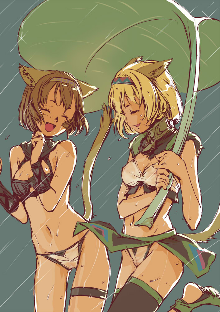 branch (blackrabbits), mithra (ff11), final fantasy, final fantasy xi, black legwear, bad id, bad pixiv id, 00s, 2girls, animal ears, bikini, blonde hair, breasts, brown hair, cameltoe, cat ears, cat girl, cat tail, closed eyes, hairband, happy, leaf, leaf umbrella, midriff, multiple girls, navel, nipples, open mouth, rain, see-through clothes, short hair, small breasts, smile, swimsuit, tail, thigh strap, thighhighs, underwear, wet