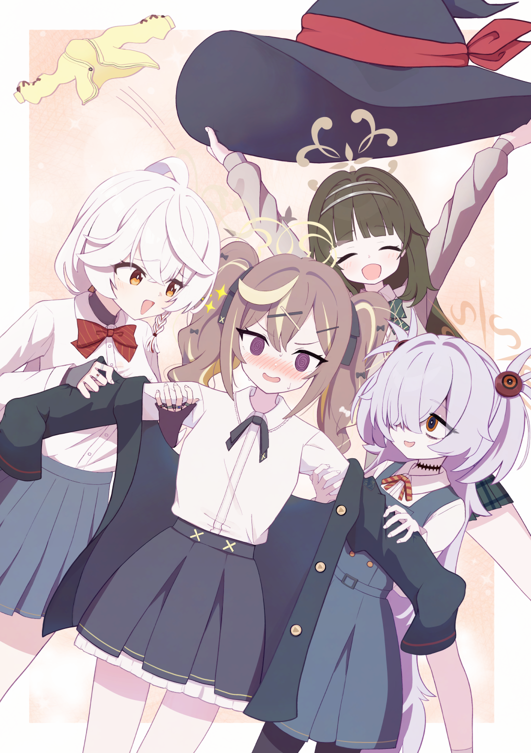 freshd 0325, eri (blue archive), kanoe (blue archive), rena (blue archive), tsumugi (blue archive), blue archive, commentary, highres, 3girls, :d, @ @, ^ ^, bare legs, black hair, black jacket, black skirt, blonde hair, blue skirt, blunt bangs, blush, bow, bowtie, braid, cardigan, closed eyes, diagonal-striped bow, diagonal-striped bowtie, diagonal-striped clothes, dress, grey hair, hair between eyes, hair ornament, hair over one eye, hairclip, halo, hat, holding, holding unworn clothes, holding unworn hat, jacket, jewelry, long hair, long sleeves, multicolored hair, multiple girls, nose blush, occult studies club (blue archive), open mouth, orange eyes, pinafore dress, pleated skirt, purple eyes, red bow, red bowtie, ring, ringed eyes, scar, scar on neck, shirt, side braid, single braid, skirt, sleeveless, sleeveless dress, smile, streaked hair, striped bow, striped bowtie, striped clothes, twintails, two-tone hair, two side up, undressing another, unworn cardigan, unworn hat, unworn headwear, very long hair, white hair, white shirt, witch hat, yellow cardigan