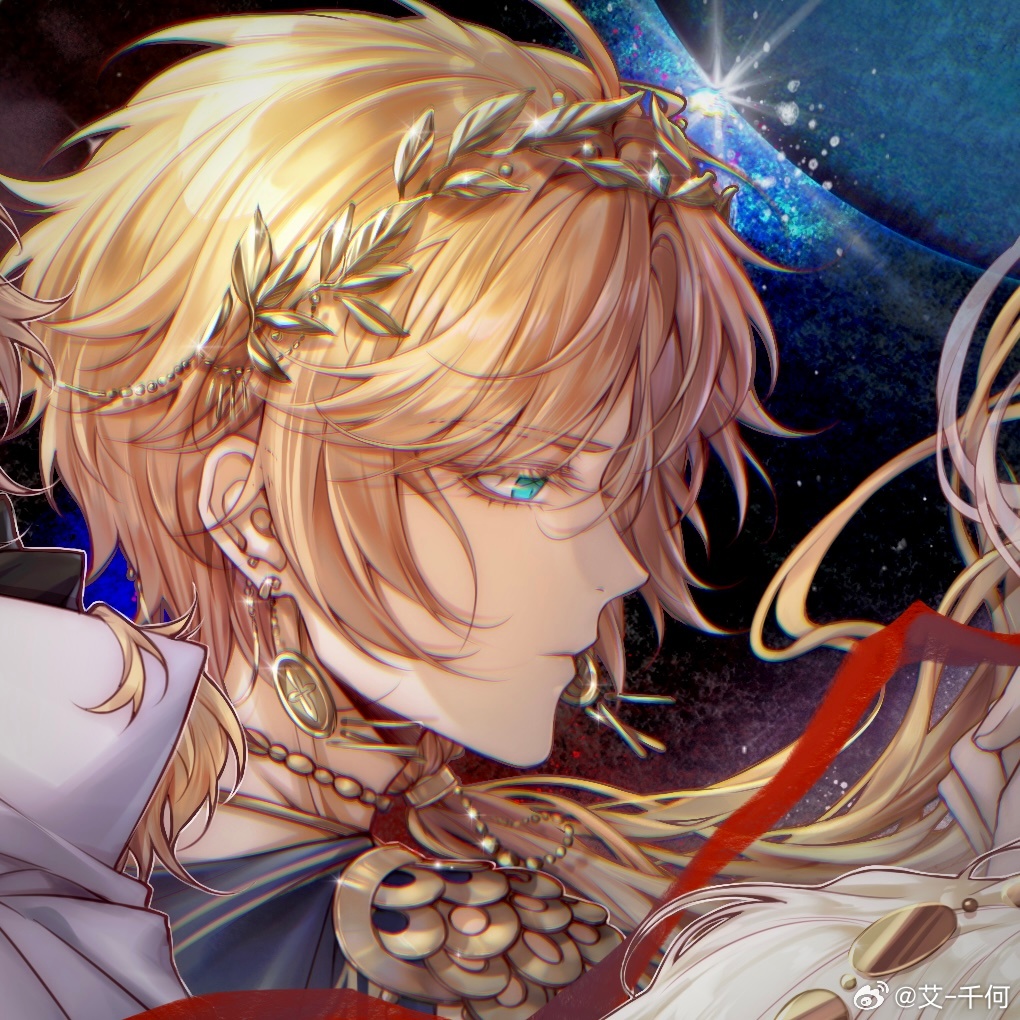 lars rorschach, lars rorschach (infinite empire), lovebrush chronicles, chinese commentary, 1boy, ai-qian he, aqua eyes, blonde hair, blue cape, cape, closed mouth, colored eyelashes, ear piercing, earrings, frown, glint, gold choker, gold earrings, hair between eyes, hair over shoulder, hair tubes, jewelry, laurel crown, long hair, looking ahead, low ponytail, male focus, piercing, ponytail, portrait, profile, red ribbon, ribbon, shoulder guard, solo, watermark, weibo watermark