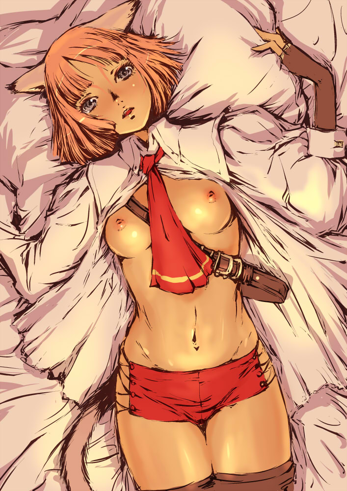 branch (blackrabbits), mithra (ff11), final fantasy, final fantasy xi, bad id, bad pixiv id, 00s, 1girl, animal ears, bed, between breasts, blue eyes, breasts, female focus, fingerless gloves, gloves, lying, navel, nipples, open clothes, open shirt, red hair, shirt, short hair, solo, tail
