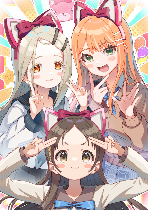 kuramoto china, shinosawa hiro, shiun sumika, gakuen idolmaster, idolmaster, commentary request, 3girls, animal ear hairband, animal ears, arms up, balloon, blonde hair, blue ribbon, blue skirt, blush, bow, bow hairband, brown cardigan, brown hair, cardigan, cat ear hairband, cat ears, double v, earrings, fake animal ears, hairband, hatsuboshi gakuen school uniform, jewelry, kuma (gaph5274), long hair, looking at viewer, multiple girls, neck ribbon, orange hair, pleated skirt, red bow, ribbon, salute, school uniform, serafuku, skirt, smile, star (symbol), straight hair, stud earrings, two-finger salute, upper body, v, very long hair