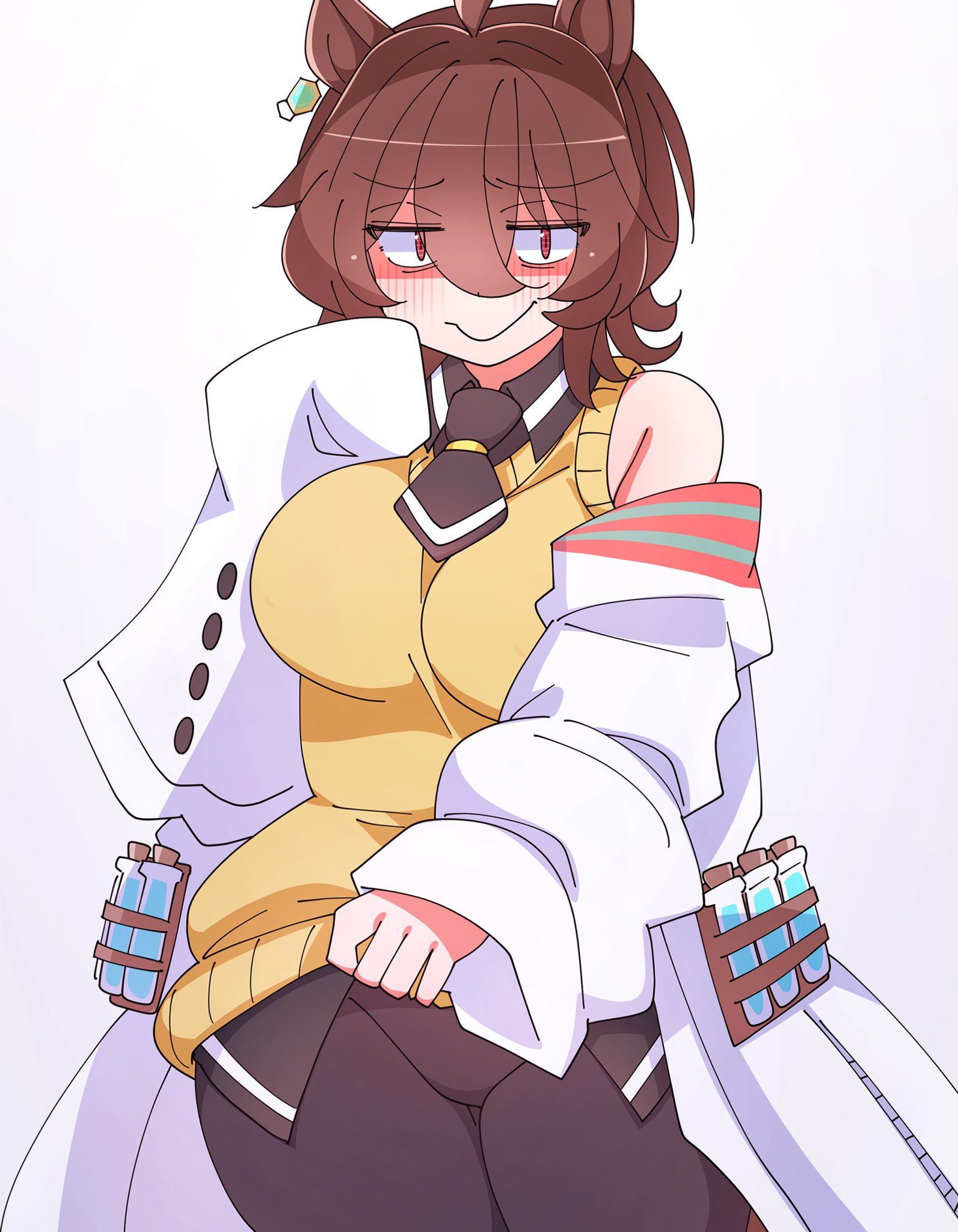kaijin debeso, agnes tachyon (tach-nology) (umamusume), agnes tachyon (umamusume), umamusume, highres, 1girl, animal ears, bare shoulders, black pants, breasts, brown eyes, brown hair, buttons, coat, hair ornament, horse ears, horse girl, lab coat, long sleeves, looking at viewer, medium breasts, necktie, pants, shirt, short hair, simple background, sitting, smile, solo, white background, white coat, yellow shirt