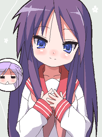 9law, hiiragi kagami, hiiragi miki, lucky star, bad id, bad pixiv id, lowres, 00s, 2girls, age difference, blue eyes, mother and daughter, multiple girls, school uniform, serafuku