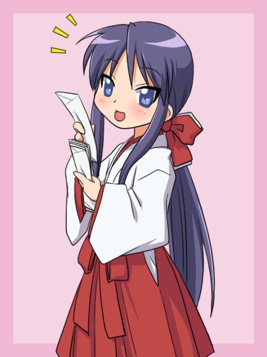 supon, hiiragi miki, lucky star, 00s, 1girl, blue eyes, female focus, hakama, hakama skirt, japanese clothes, miko, red hakama, skirt, solo