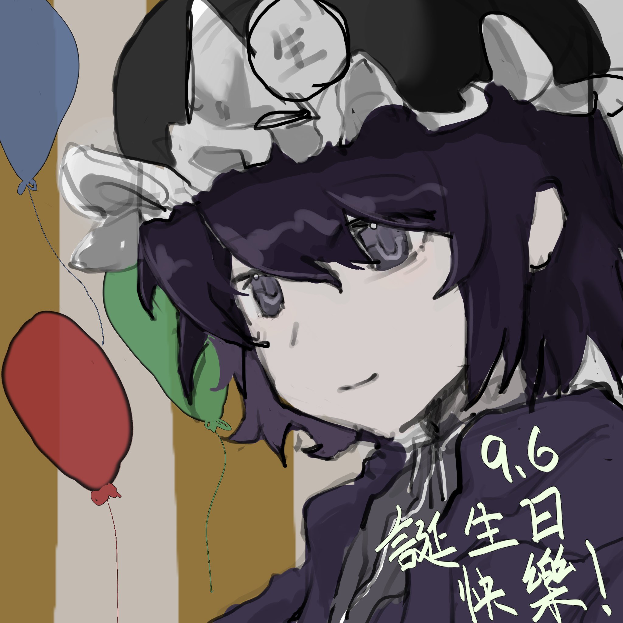 shitodo kuroji, len'en, highres, 1other, androgynous, animal hood, balloon, birthday, black shirt, brown background, chinese text, closed mouth, collared shirt, dated, frilled headwear, grey background, hair between eyes, happy, happy birthday, hat, hood, hooded jacket, jacket, long sleeves, looking ahead, mob cap, open clothes, open jacket, other focus, purple eyes, purple hair, purple hat, purple jacket, shark hood, shirt, short hair, smile, solo, striped background, suihha364253, triangular headpiece, two-tone background, upper body, vertical-striped background