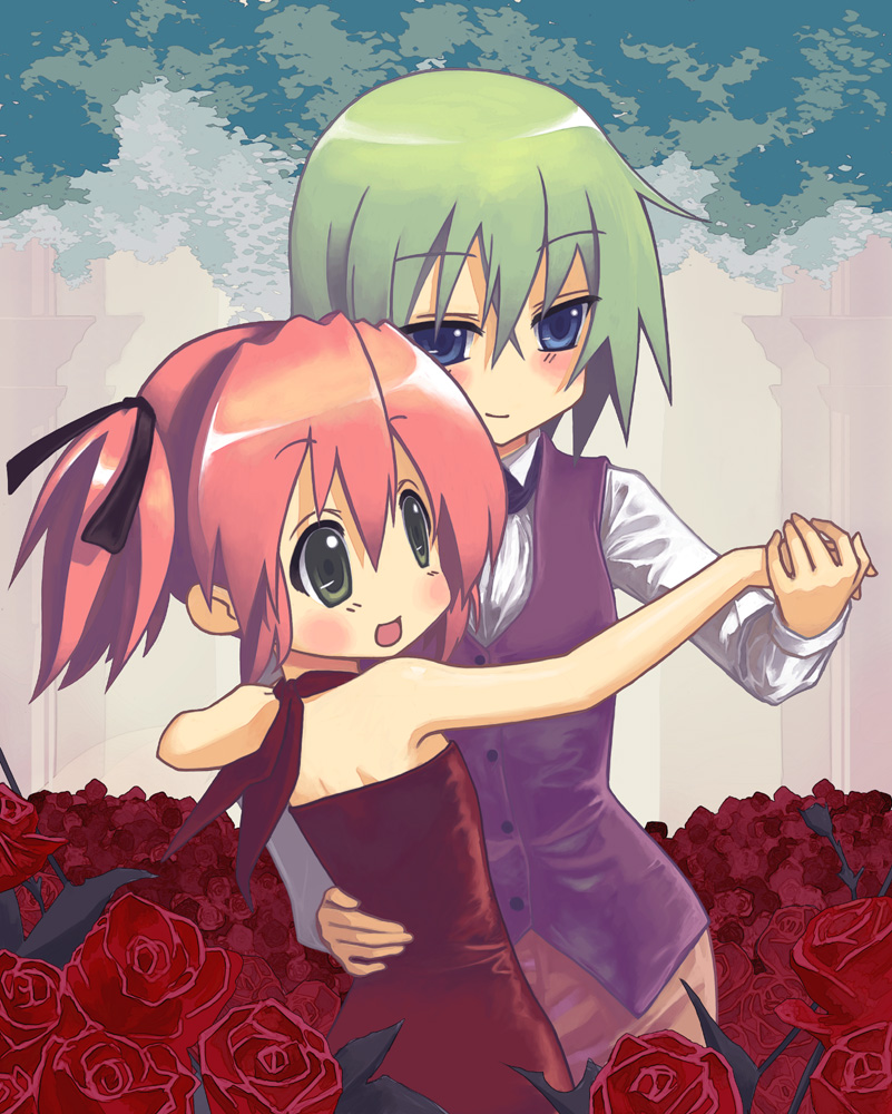 ktl (kuoting), kuoting, iwasaki minami, kobayakawa yutaka, lucky star, 00s, 2girls, bare shoulders, blue eyes, dancing, flower, green eyes, green hair, multiple girls, pink hair, rose, short twintails, twintails