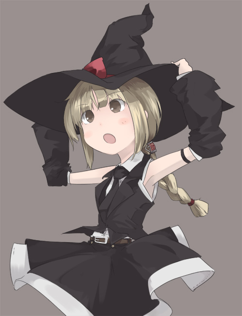 inemuri uno, original, bad id, bad pixiv id, blonde hair, braid, brown eyes, hat, solo, witch hat