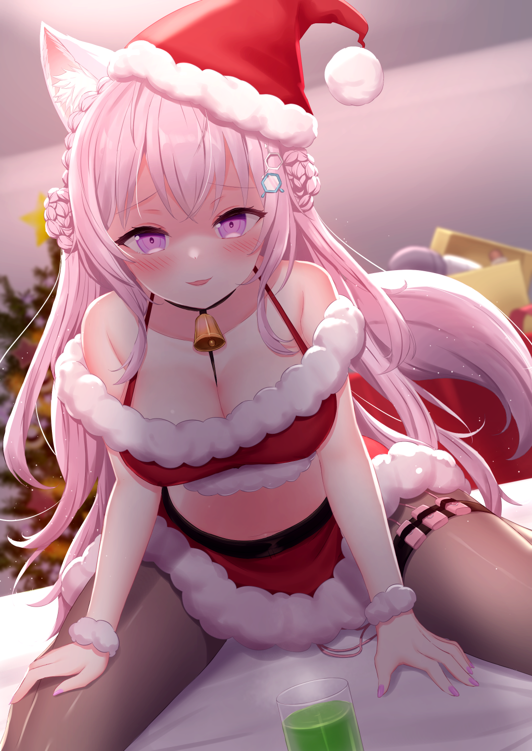 white clover (unfy8472), hakui koyori, hololive, commentary, highres, 1girl, 2023, animal ear fluff, animal ears, antenna hair, bell, bikini, black choker, black pantyhose, blush, bra, braid, braided bun, breasts, choker, christmas, christmas tree, clothing aside, crown braid, drooling, egg vibrator, fur-trimmed bikini, fur-trimmed headwear, fur trim, hair bun, hair ornament, hat, heart, heart-shaped pupils, hexagon, hexagon hair ornament, kneeling, large breasts, leaning forward, licking lips, long hair, looking at viewer, motion lines, neck bell, necktie, nipples, panties, pantyhose, pink hair, pink necktie, pink tail, purple eyes, red bikini, saliva, santa bikini, santa costume, santa hat, sex toy, smile, solo, swimsuit, symbol-shaped pupils, tail, tongue, tongue out, torn clothes, torn pantyhose, underwear, vibrator, vibrator cord, vibrator in thigh strap, virtual youtuber, wolf ears, wolf girl, wolf tail, wristband