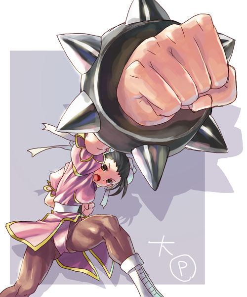 katahira masashi, chun-li, capcom, street fighter, 1girl, action, alternate color, bracelet, china dress, chinese clothes, dress, female focus, foreshortening, jewelry, panties, pantyhose, pelvic curtain, perspective, punching, solo, spiked bracelet, spikes, underwear