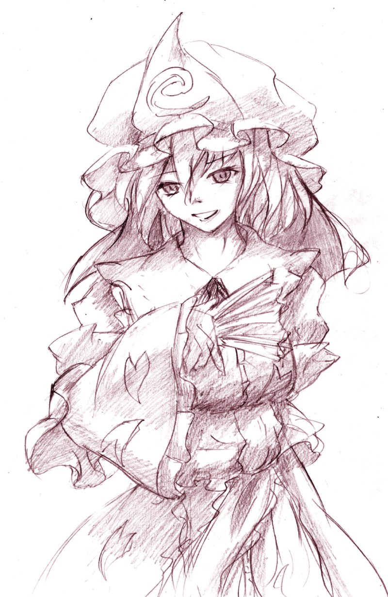 elsa (pixiv94993), eruza, saigyouji yuyuko, touhou, bad id, bad pixiv id, highres, traditional media, 1girl, female focus, japanese clothes, monochrome, purple theme, solo