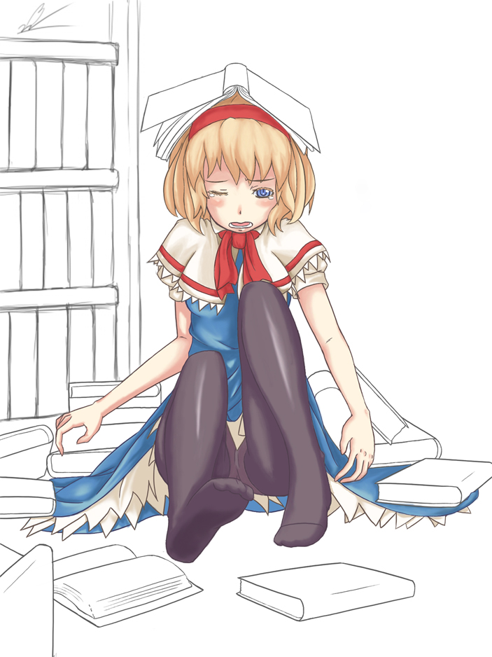 niiyamuneko, alice margatroid, touhou, 1girl, black pantyhose, blonde hair, blue dress, blue eyes, book, dress, female focus, hairband, one eye closed, open mouth, panties, panties under pantyhose, pantyhose, pantyshot, sitting, solo, tears, underwear, upskirt