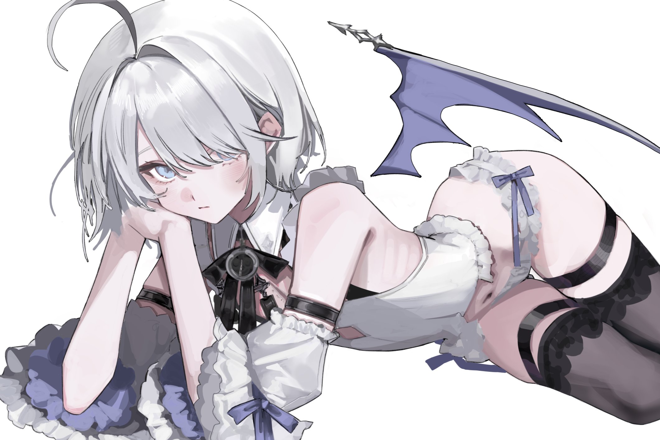 okchun, sissela kyle, black survival, eternal return: black survival, highres, 1girl, ahoge, arm strap, asymmetrical bangs, bare shoulders, black bow, black straps, black thighhighs, blue bow, blue eyes, blue wings, bow, collar, detached sleeves, detached wings, feet out of frame, frilled panties, frilled shirt, frilled sleeves, frills, hair between eyes, hair intakes, hair over one eye, head rest, looking at viewer, lying, navel, on side, panties, shirt, short hair, simple background, solo, thigh strap, thighhighs, thighs, underwear, white background, white collar, white hair, white shirt, wide sleeves, wings
