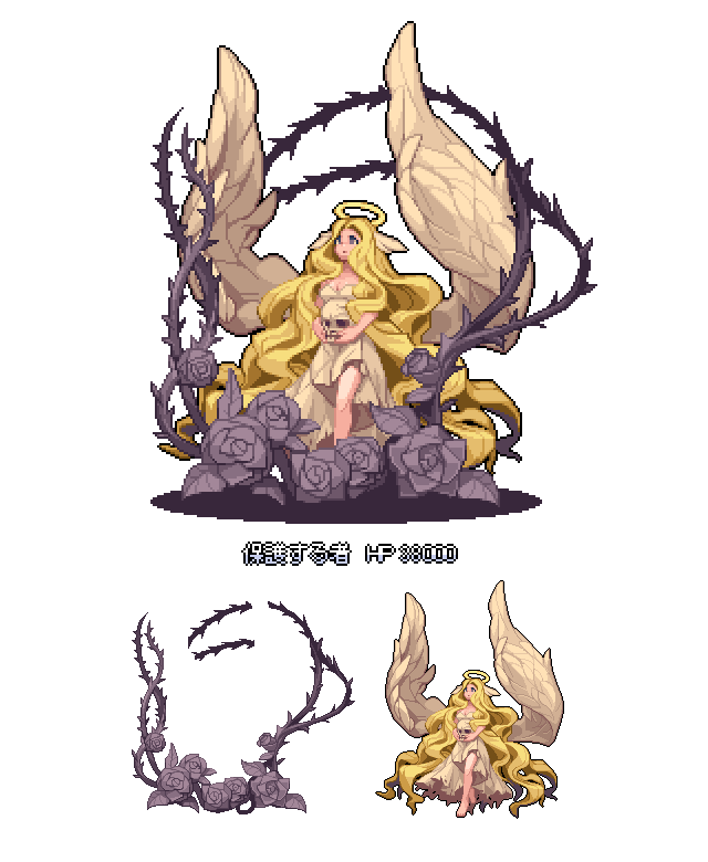d-01, ragnarok online, blonde hair, flower, halo, head wings, long hair, pixel art, plant, simple background, skull, very long hair, vines, white background, wings