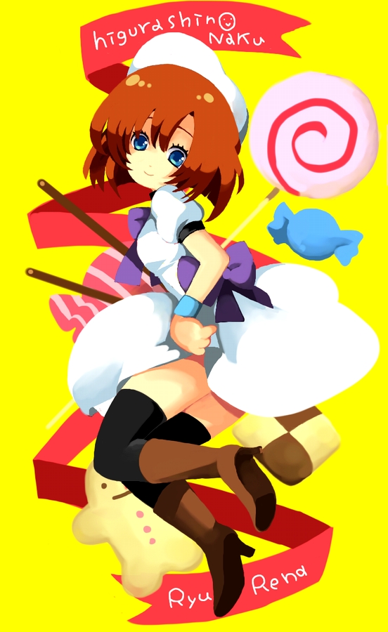 kay (musya-musya), ryuuguu rena, higurashi no naku koro ni, md5 mismatch, 00s, 1girl, beret, black thighhighs, blue eyes, boots, brown hair, candy, checkerboard cookie, cookie, dress, female focus, food, hat, lollipop, pocky, ribbon, solo, swirl lollipop, thighhighs, wristband