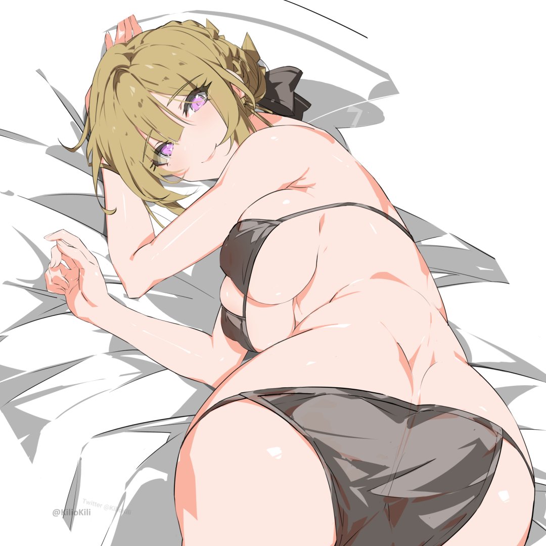 kili kilio, evelyn chevalier, zenless zone zero, 1girl, arm behind head, ass, back, bare shoulders, bikini, black bikini, black ribbon, blanket, blonde hair, breasts, from behind, lying, on bed, purple eyes, ribbon, smile, solo, swimsuit, white blanket