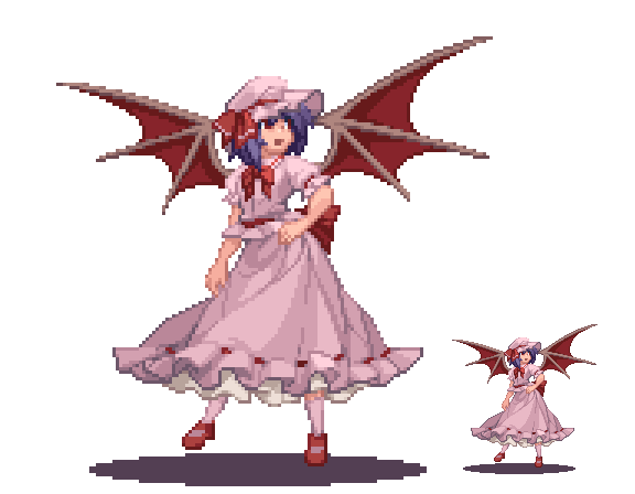 d-01, remilia scarlet, touhou, 1girl, female focus, hand on own hip, hat, hip focus, oekaki, pixel art, purple hair, simple background, skirt, solo, white background, wings