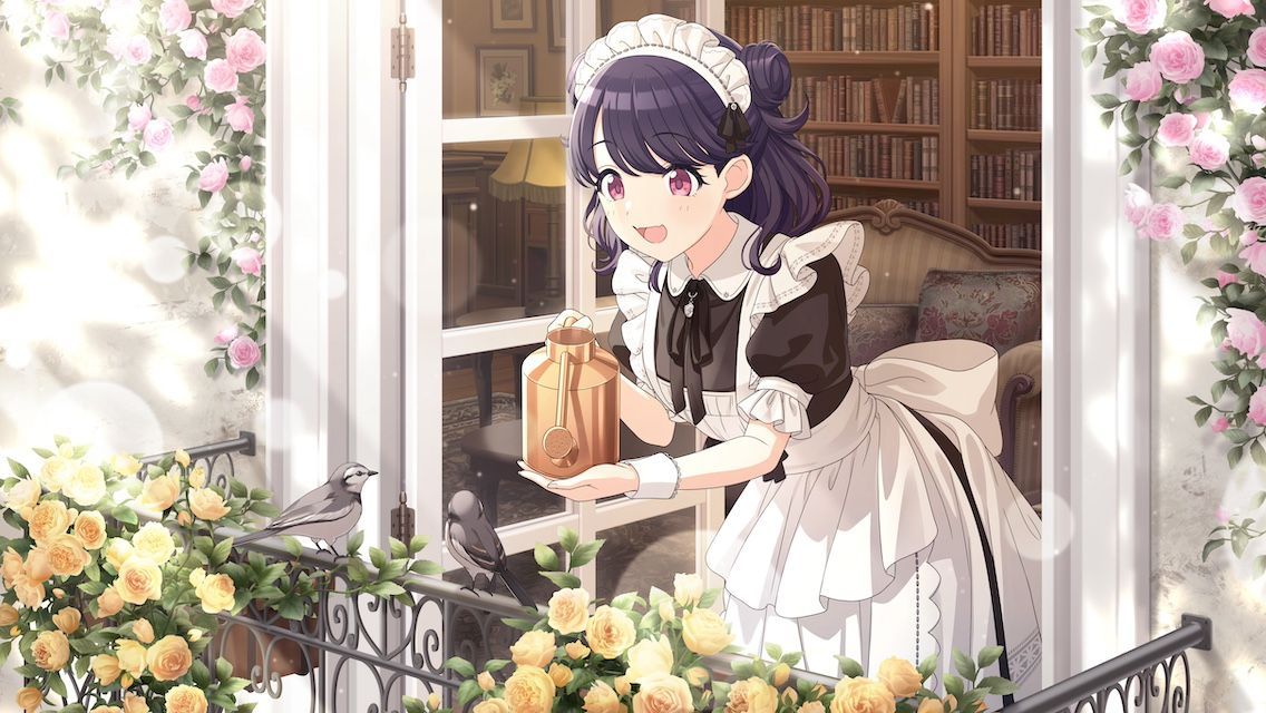 fukumaru koito, idolmaster, idolmaster shiny colors, game cg, official art, 1girl, apron, bird, black hair, bookshelf, carpet, couch, flower, holding, lamp, leaf, maid, maid headdress, neck ribbon, open mouth, picture frame, pillow, puffy sleeves, railing, red eyes, ribbon, sunlight, watering can, wrist cuffs